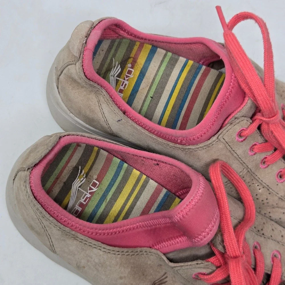 Dansko Womens Taupe Suede Pink Lace Up Comfort Walking Shoes Size 38 Slip Resist